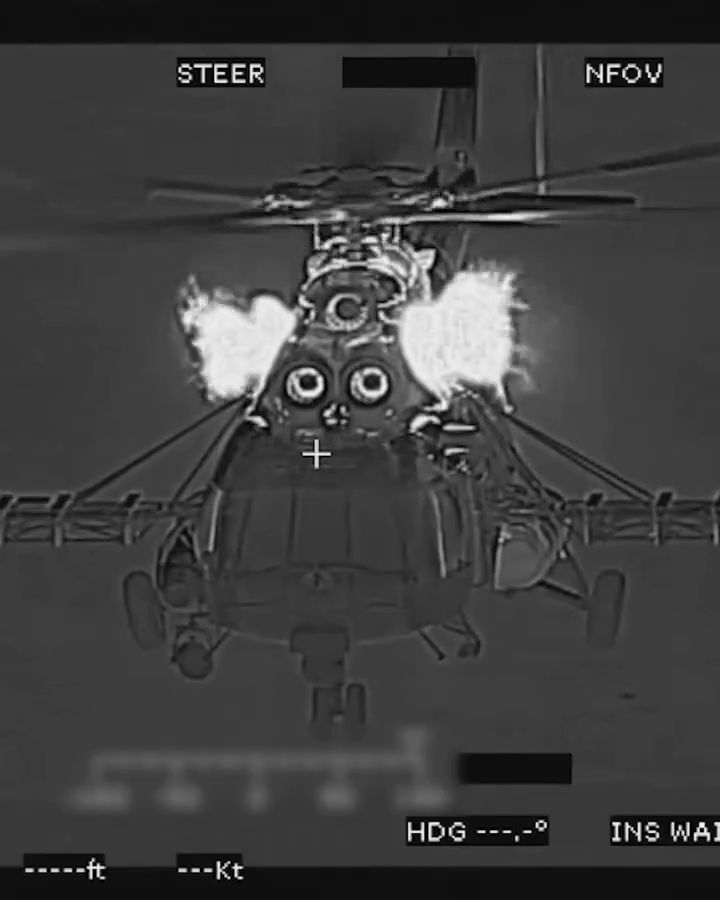 An Mi-8 helicopter, probably a Mi-8MTV-2 modification with an EO system installed in front of the front landing gear, and a searchlight on the left / Defense Express / Ukrainian Mi-8s Modernized For Successful Shahed Hunting With the Legendary Minigun
