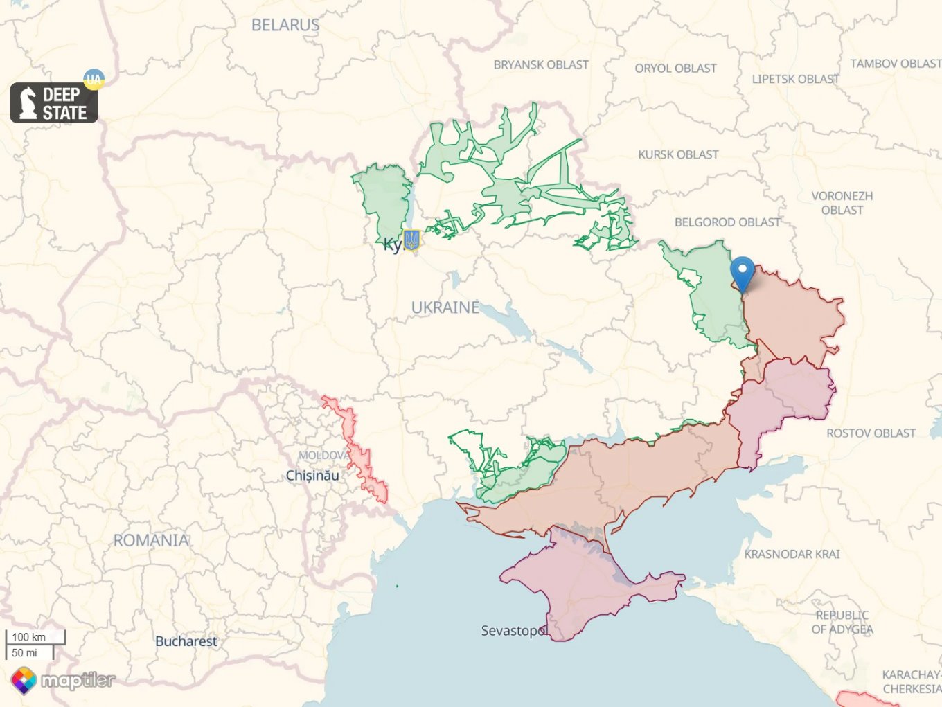 The approximate location of this battle on the map of Ukraine, with current russian-occupied territories highlighted in red