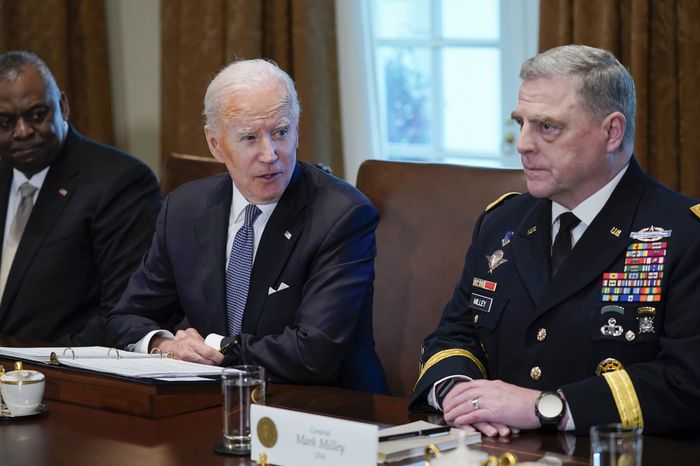 President Joe Biden listens during a meeting with Secretary of Defense Lloyd Austin, left, Chairman of the Joint Chiefs of Staff Gen. Mark Milley and other military leaders Wednesday at the White House , Defense Express