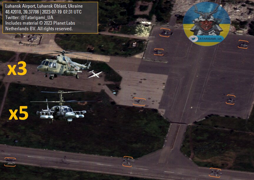 russian Ka-52 and Mi- helicopters at the Luhansk airport parking lot, July 2023 year, rUssia uses the Luhansk Airport, Which Has been Inactive Since 2014, to Base Ka-52 and Mi-28 Helicopters, Defense Express