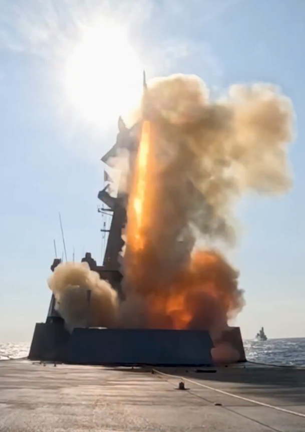 Moment of Aster 30 launch from the Horizon-class air defense destroyer Forbin during exercises