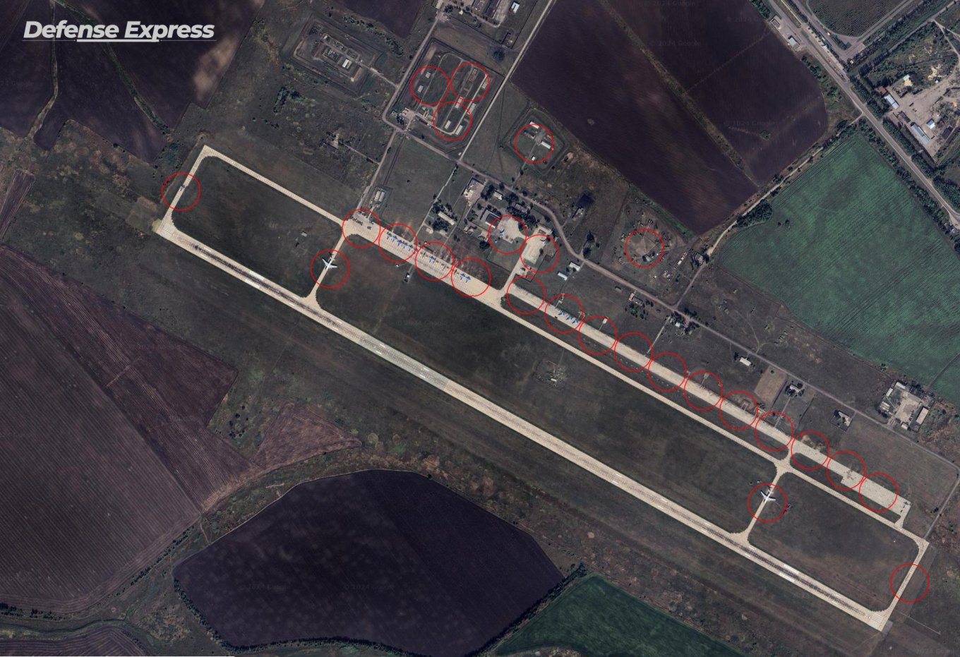 The Buturlinovka airbase of the russian Aerospace Forces and theoretical zones of destruction / Defense Express / How Many ATACMS It Takes to Take Apart a russian Airfield