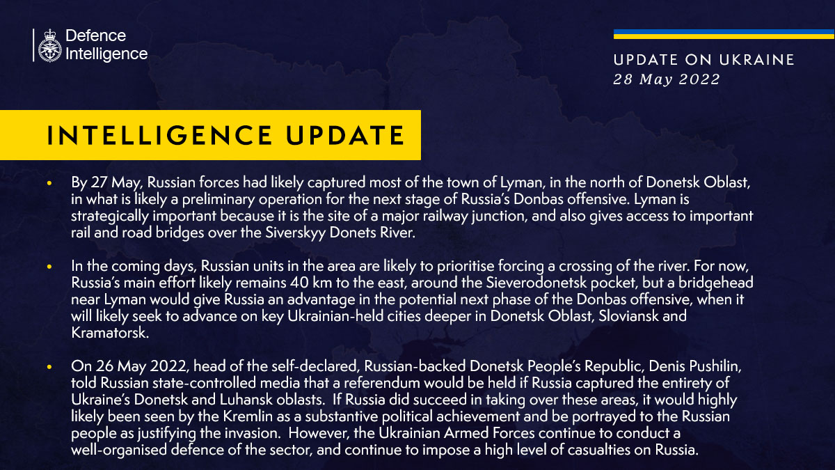 British Defense Inteligence posted an update on the situation in Ukraine as of 28 May 2022, Defense Express, war in Ukraine, Russian-Ukrainian war