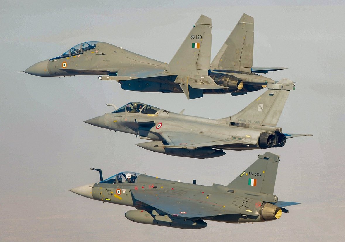 Fighters of the Indian Air Force. From top to bottom: Su-30, Rafale, and Tejas, Russia Offers India Su-57 with Unfinished Engines and Su-35s