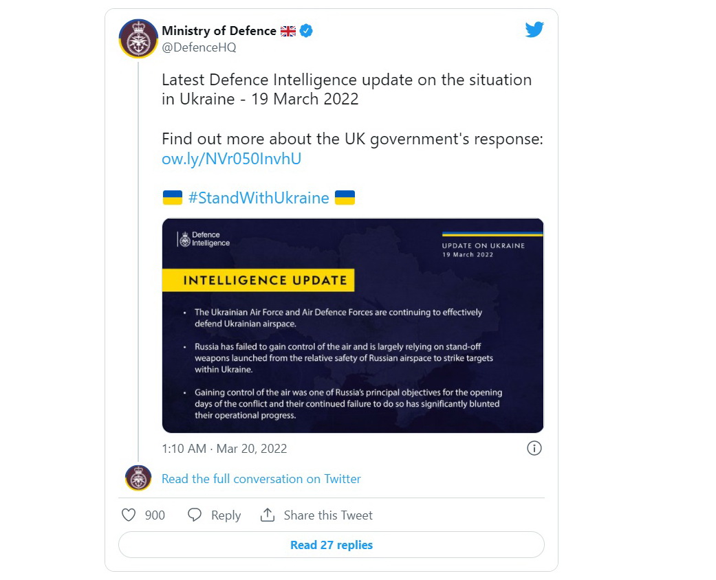 UK Ministry of Defense: Russia has still failed to gain control of Ukrainian airspace, one of its main objectives, Day 24th of Ukraine's Resistance: russia Failed to Control Ukrainian Airspace, Lost 3 Helicopters, Aircraft, 4 UAV’s, Defense Express