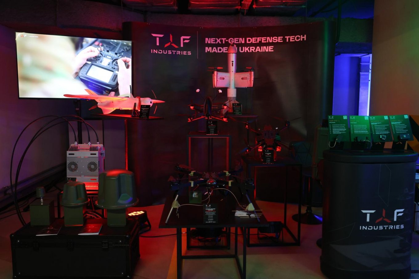 TAF Industries stand at the Defense Technologies exhibition during the Kyiv Security Forum 2026