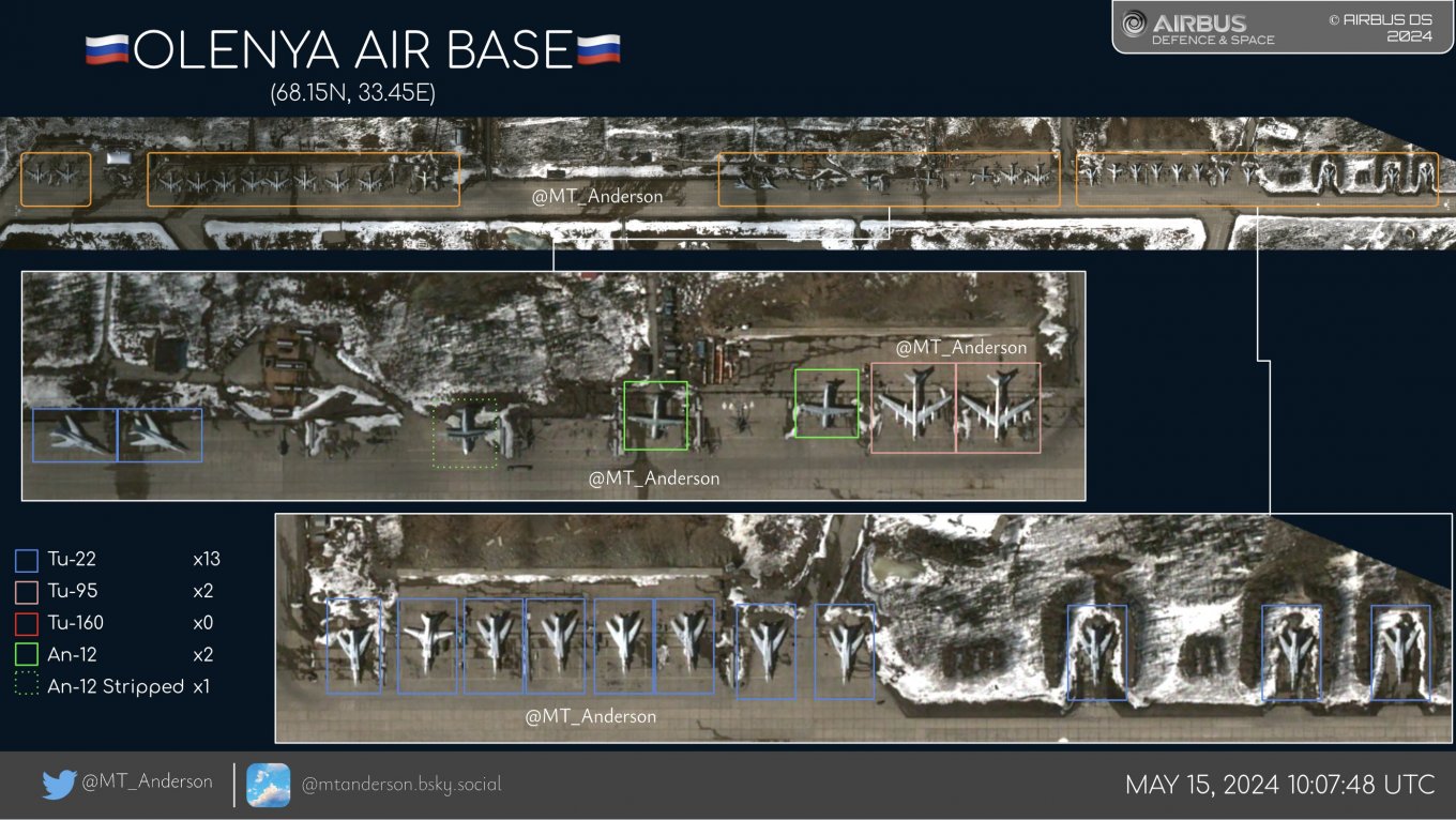 russian strategic aircraft at Olenya base / Defense Express / One Third of russia's Combat-Ready Tu-95MS and Tu-22M3 Bombers Gathered at Olenya Air Base (Satellite Imagery)