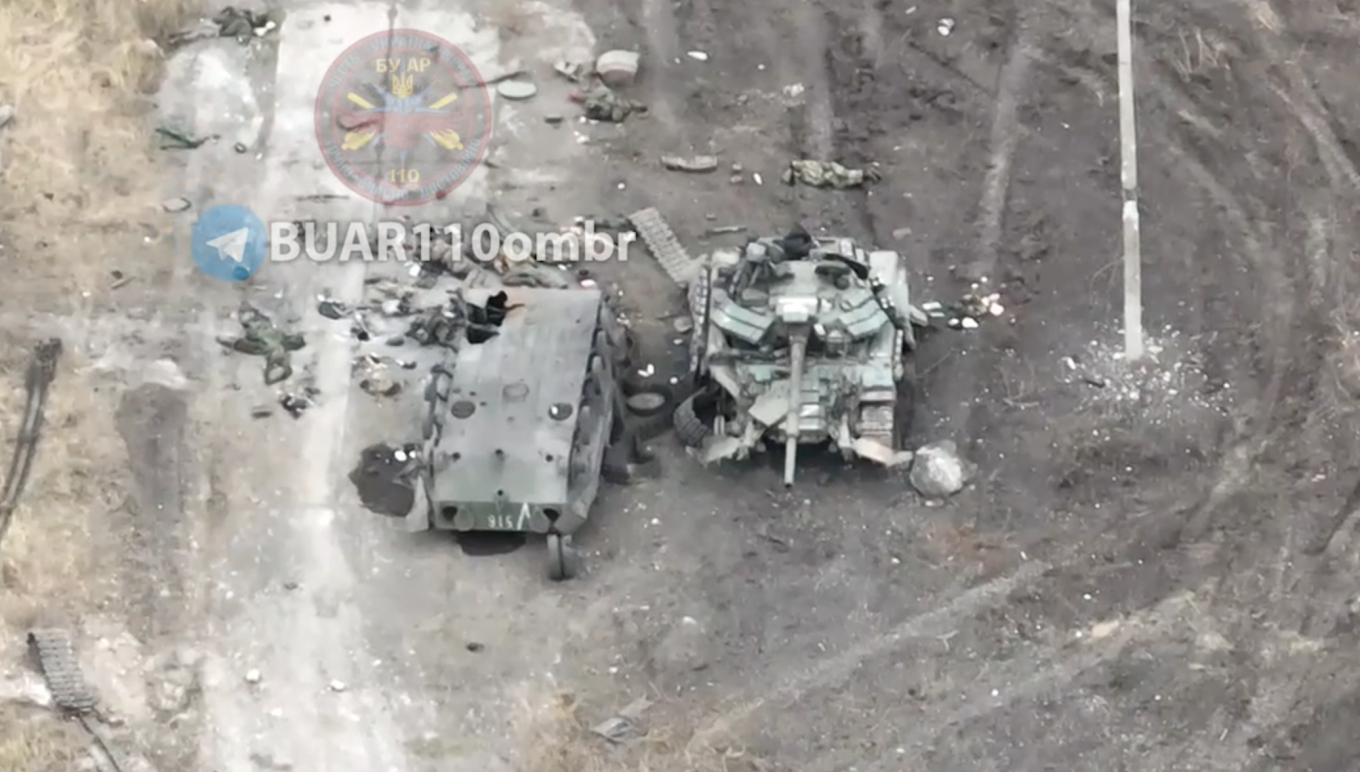 Ukraines Military Destroyed russsian BTR-50 APC That Occupiers Had Left Near Avdiivka, Destroyed russian BTR-50 APC (L) and damaged T-64BV nank (R) / Photo credit, Defense Express