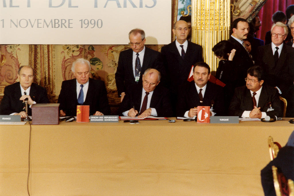 USSR General Secretary Gorbachev signing the Treaty on Conventional Armed Forces in Europe