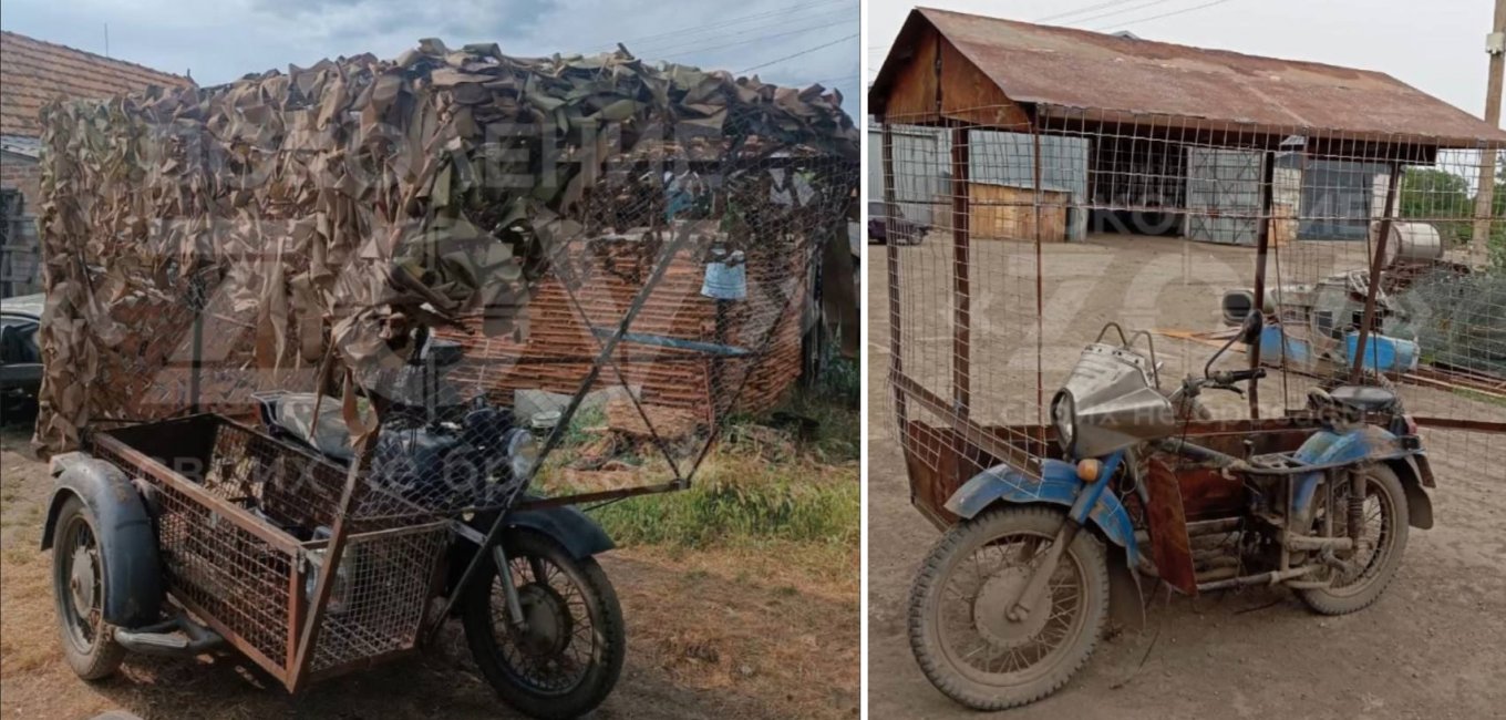Various motorcycles with slat armor cages inthe russian army / Defense Express / First Motorbike With a Cope Cage Destroyed, But in the End, it Worked Out