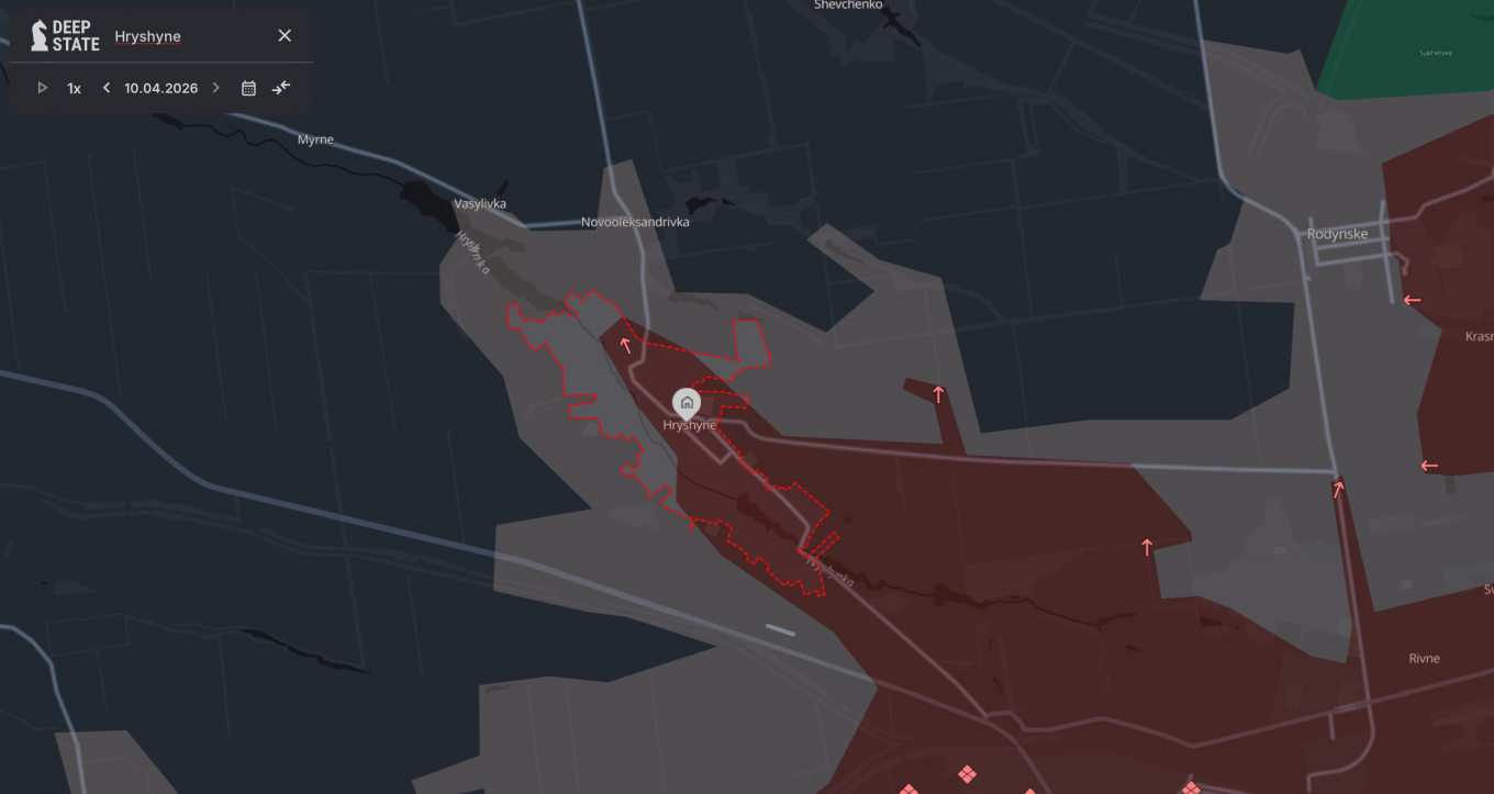 Hryshyne / screenshot from DeepStateMap russian Forces Violate Easter Ceasefire Near Hryshyne and Myrnohrad