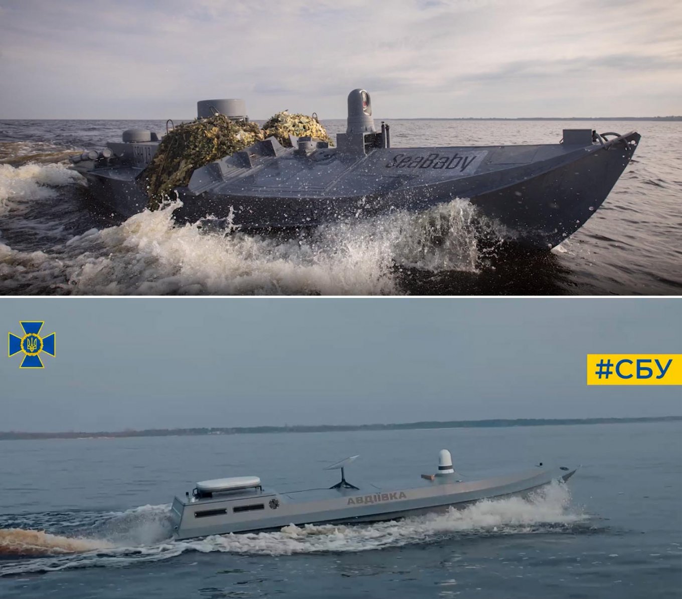 The new and old versions of Sea Baby / Defense Express / All Upgrades to Ukraine's Sea Baby Naval Drone Analyzed: From Boat-Bomb to UAV Mothership With a Smart Turret and Mines
