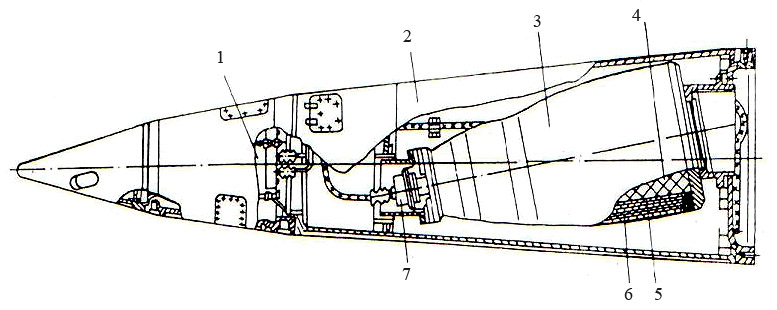 Layout of a 9N123F high-explosive fragmentation missile of the Tochka-U system. Number 1 stands for the warhead, number 4 for the safe and arm device