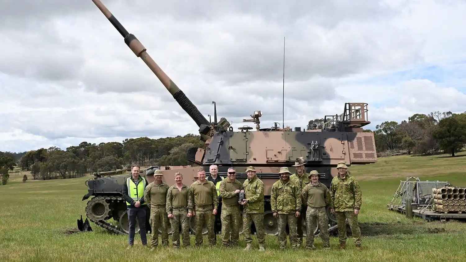 155 mm AS9 Huntsman self-propelled howitzer during its first live-fire exercises
