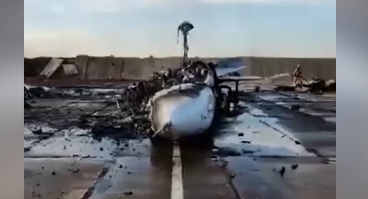 New footage from the ground at the russian airbase in Novofedorivka, Crimea, shows that at least 1 Su-24M attack aircraft was totally destroyed, Defense Express