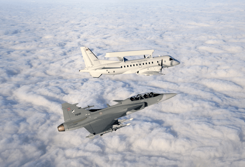 RTAF Gripen-C alongside a Saab 340 AEW aircraft / Defense Express / Saab Eyes Breakthrough Year for Gripen Sales, Targets Thailand After Colombia Deal