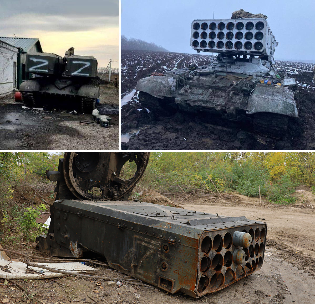A collage of russian TOS-1A and TZM-T vehicles destroyed or captured in Ukraine
