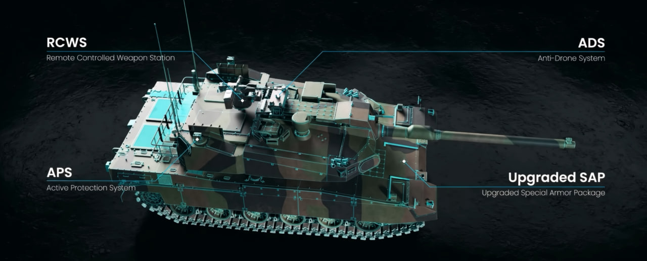 K2PL render with upgrades: RCWS remote-controlled weapon station; ADS electronic warfare; APS active protection system; upgraded SAP enhanced armor package