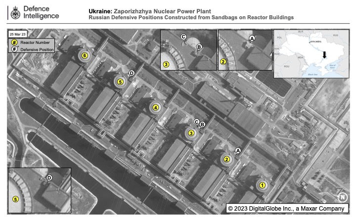 Zaporizhzhya Nuclear Power Plant, russian defensive positions constructed from sandbags on reactor buildings, Defense Express