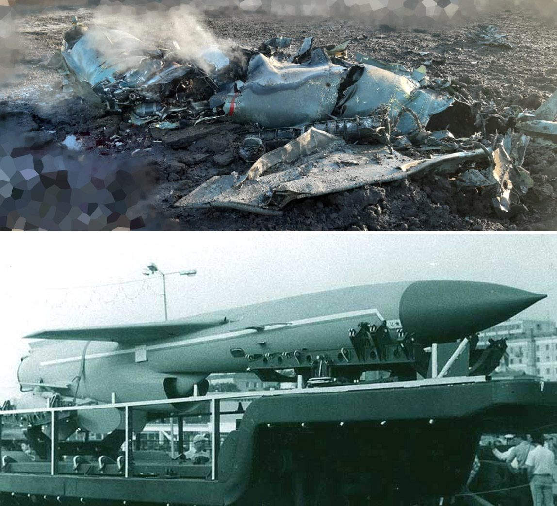 The wreckage of a P-35 missile downed in Ukraine compared to an archive photo