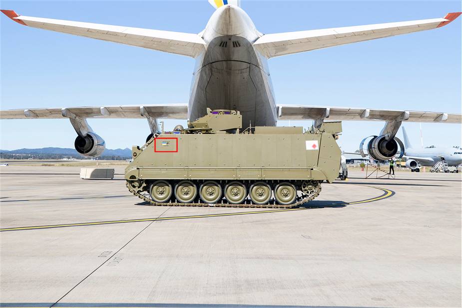 Australian M113AS4 Armoured Personnel Carriers bound for Ukraine, wait to be loaded onto an Antonov An-124 cargo aircraft at RAAF Base Amberley, Queensland. Australia