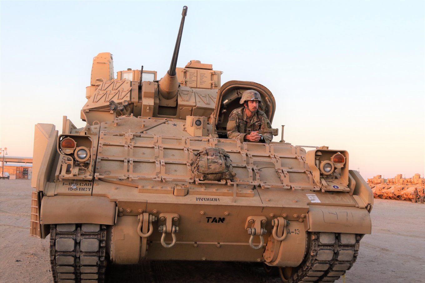 M2 Bradley with a framework for reactive armor. U.S. Amy 155th Armored Brigade Combat Team, Kuwait