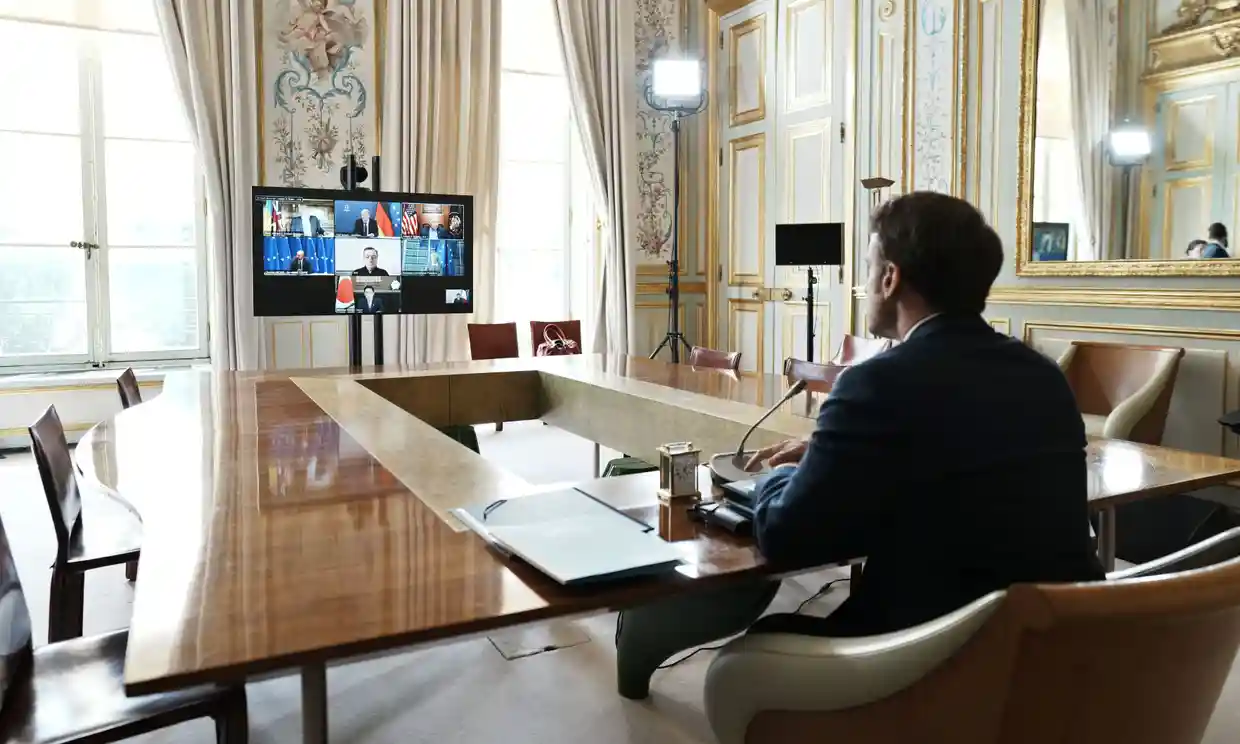 The French president, Emmanuel Macron, joining the video conference of G7 leaders on Ukraine from the Elysee Palace in Paris on Sunday, Defense Express