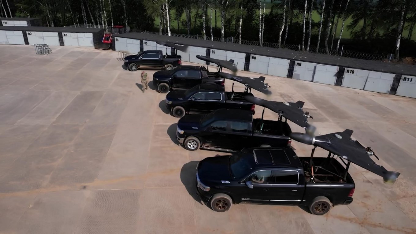 russian mobile launchers for Shahed-136 drones mounted on Dodge RAM 1500 pickup trucks / Defense Express / Shahed Launch Site Under Attack: Satellite Imagery Confirms russian Losses at Primorsko-Akhtarsk Airfield