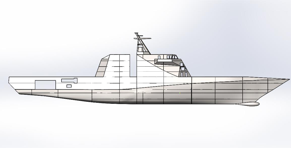 Sketch drawing of the Project 20386 stealth corvette with characteristic angular shapes