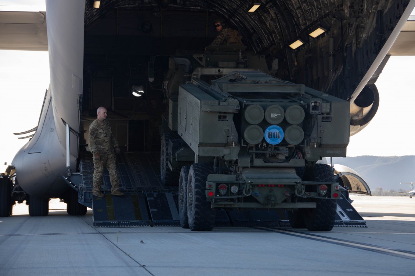 HIMARS is offloaded from a cargo aircraft in the United States