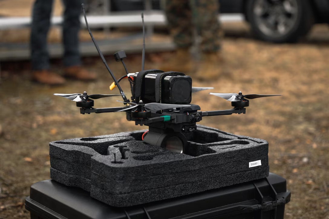 Neros Archer first-person view drone sits on a case during a capability demonstration at U.S. Marine Corps / Defense Express / Neros Supplies a Thousand FPV Drones to Ukraine Monthly, Wants to Make a Million Per Year