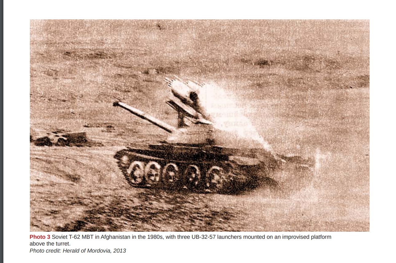 A Soviet T-62 MBT with UB-32 pods in Afghanistan / News Hub / Even T-62 Used to Carry Improvised S-5 Rocket Launchers: Lessons From Afghanistan, Yugoslavia, Syria