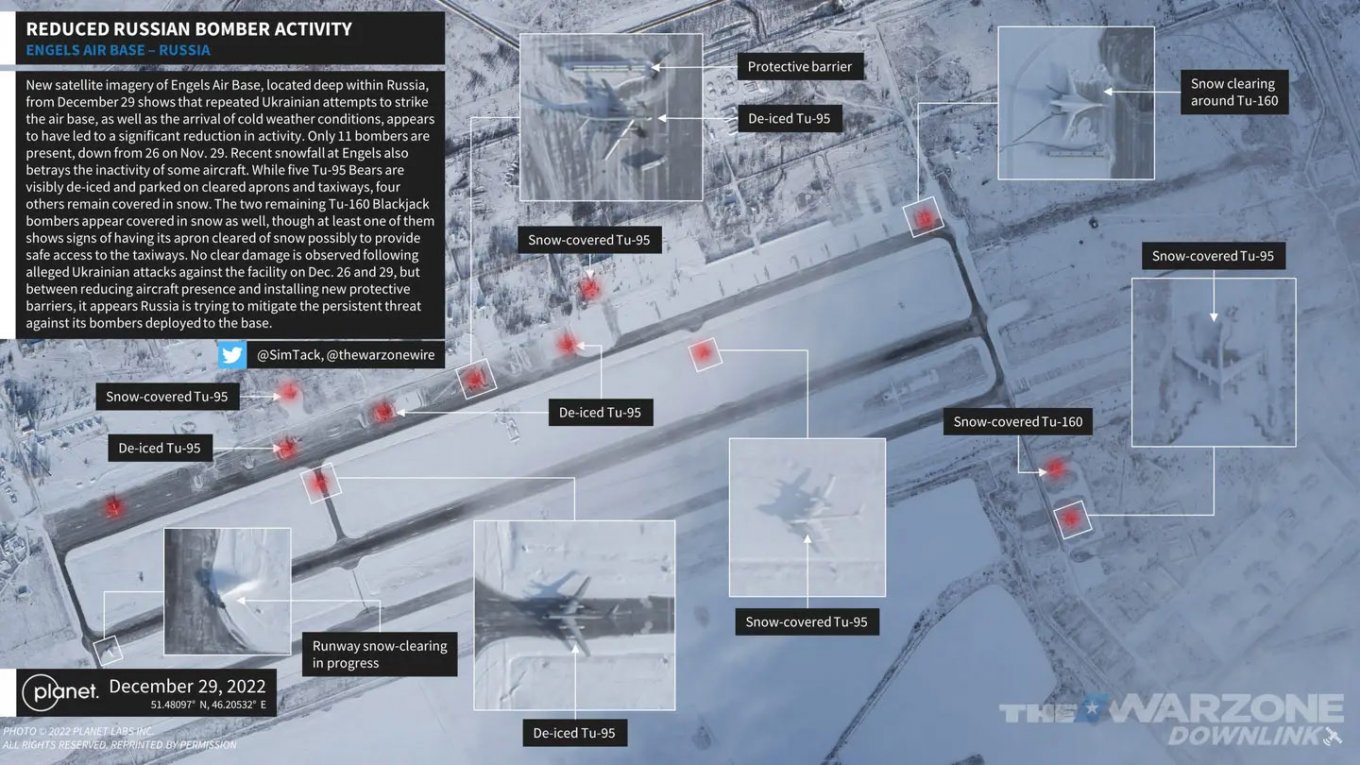 Satellite image of Engels Air Force Base from December 29, with all aircraft highlighted by The Drive