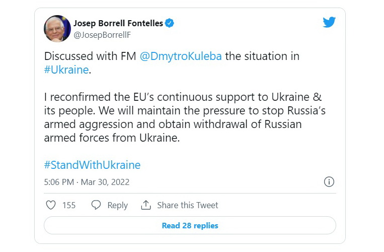 The Minister of Foreign Affairs of Ukraine Dmytro Kuleba, spoke with the EU’s chief diplomat, Josep Borrell, to discuss the situation in Ukraine, Day 35th of Ukraine's Defense Against Russian Invasion, Defense Express