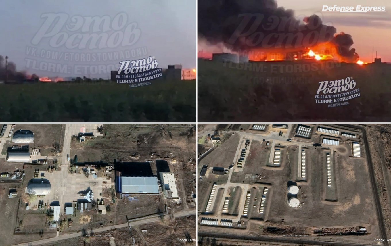 Illustrative reference for the areas presumably affected by the drone strike on the Millerovo air base / Defense Express / Ukrainian Drones Strike Millerovo Airbase, Hitting Critical Targets: Video Analysis