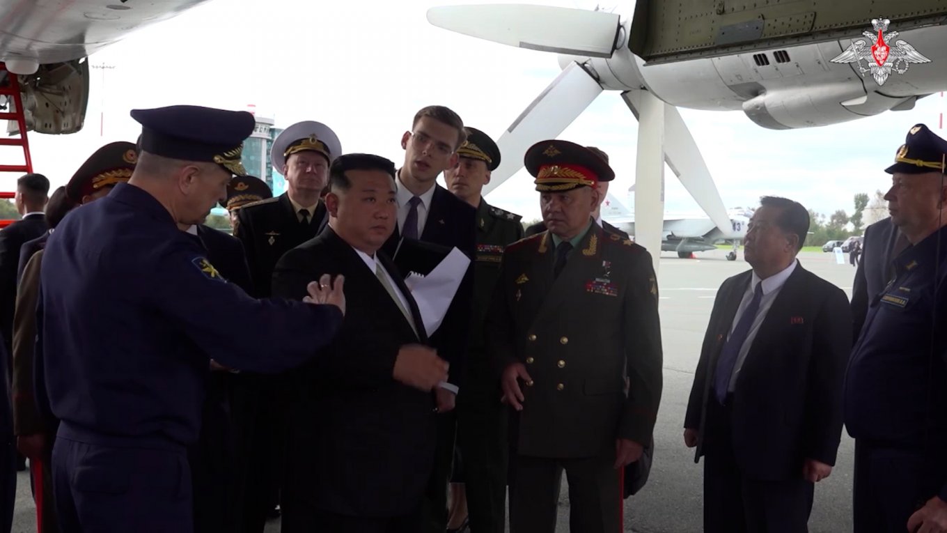 North Korean governor Kim Jong Un is shown the newest russian weapons by Sergei Shoigu and his clerks