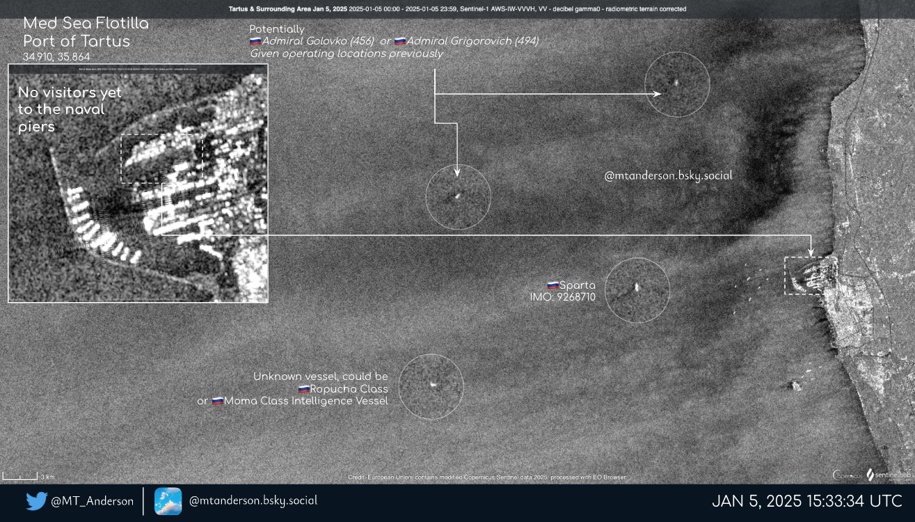 The vicinity of the Tartus naval base in Syria as of the January 5 morning, 2025 / Defense Express / russia Withdraws Its Only Submarine-Kalibr Missile Carrier From Tartus, Syria