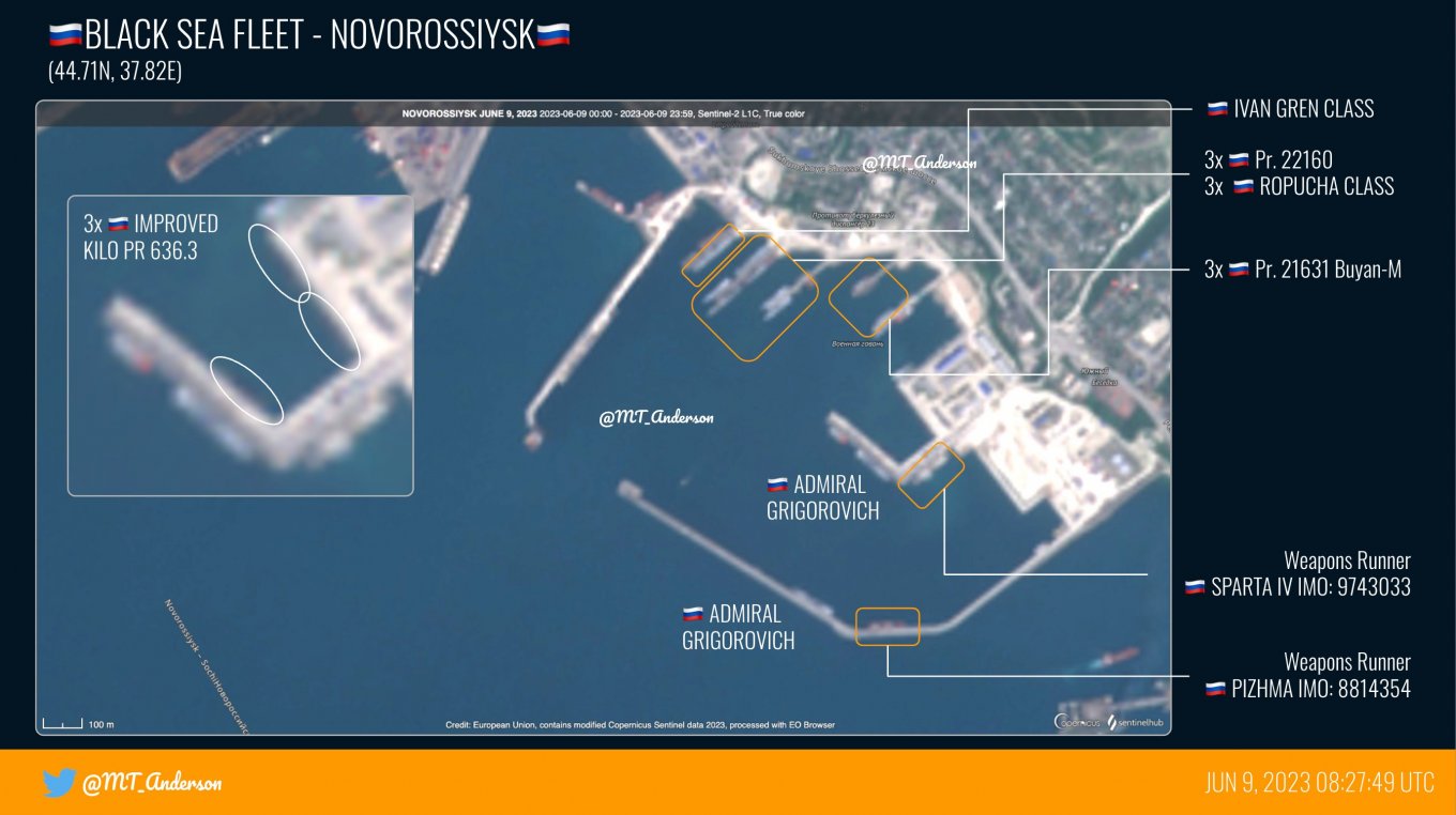 russia’s Ships with Kalibr Missiles on Board Began to "Nomad" Between Crimea and Novorossiysk, The water area of the russian base in Novorossiysk, June 9, 2023, Defense Express