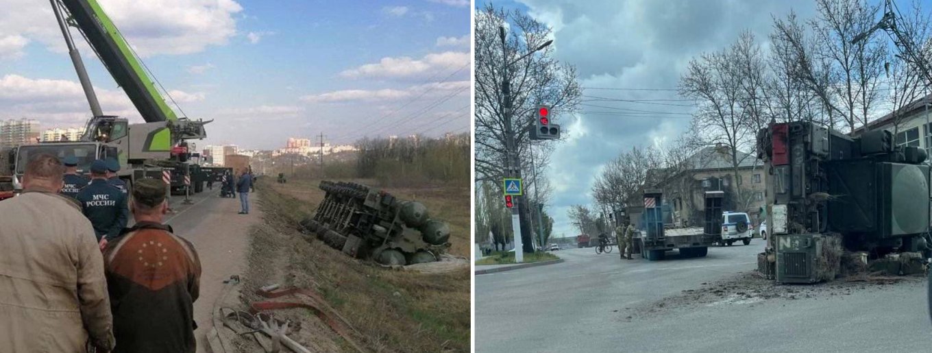 A few other accidents with russian air defense systems: an S-400 dropped out of the column, lying next to a highway; and a Tor that fell off during a poorly executed manuever to the left