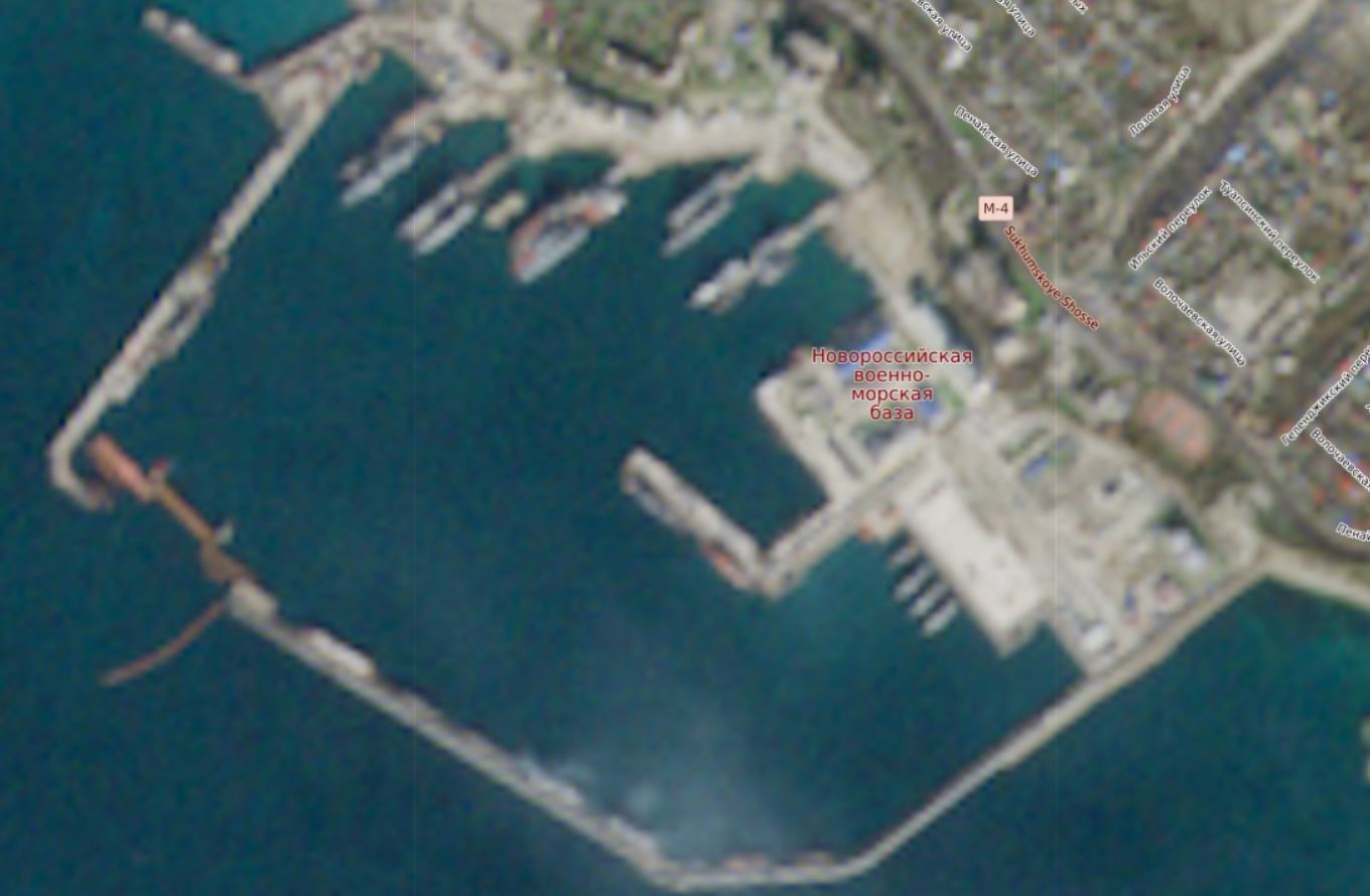 Satellite image of the port of Novorossiysk dated December 17 shows the boom barrier positioned outside the bay near the barges at the entrance Defense Express russia Adds Second Layer of Harbor Defenses After Submarine Hit in Novorossiysk