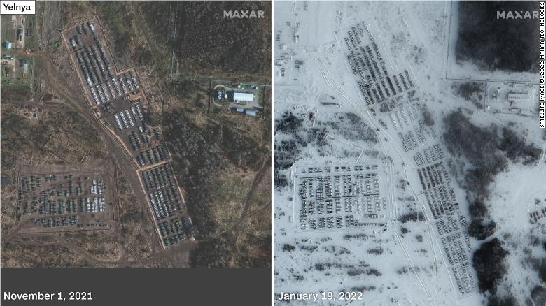 Satellite Imagery Proves Russia Deploys Army to Ukrainian Border, Defense Express, Armored units and support equipment are seen in Yelnya, Russia