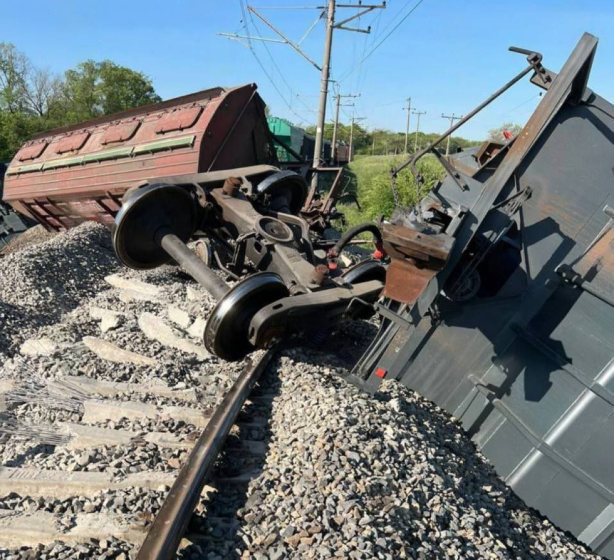 Derailed russian train near Simferopol, Crimea, May 18 Defense Express Railway Used for Weapons Transportation Explodes Derailing Grain Wagons in Crimea, Missile Discovery Raises Concerns