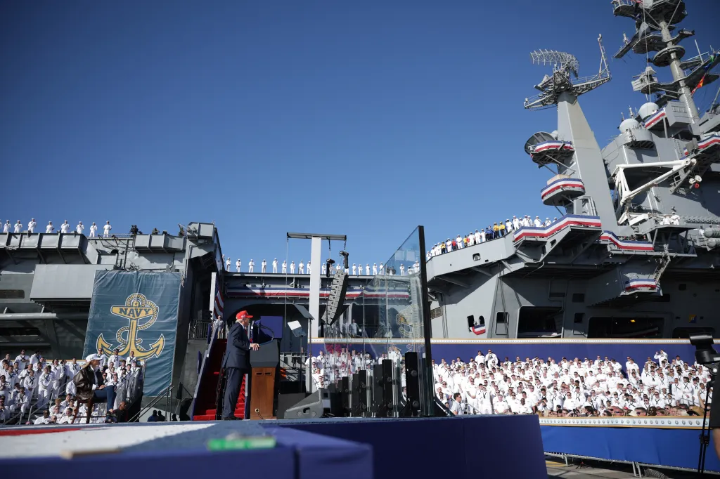U.S. President Donald Trump delivered remarks during the Navy 250 Celebration aboard the USS Harry S. Truman aircraft carrier on October 5, 2025 in Norfolk, Virginia