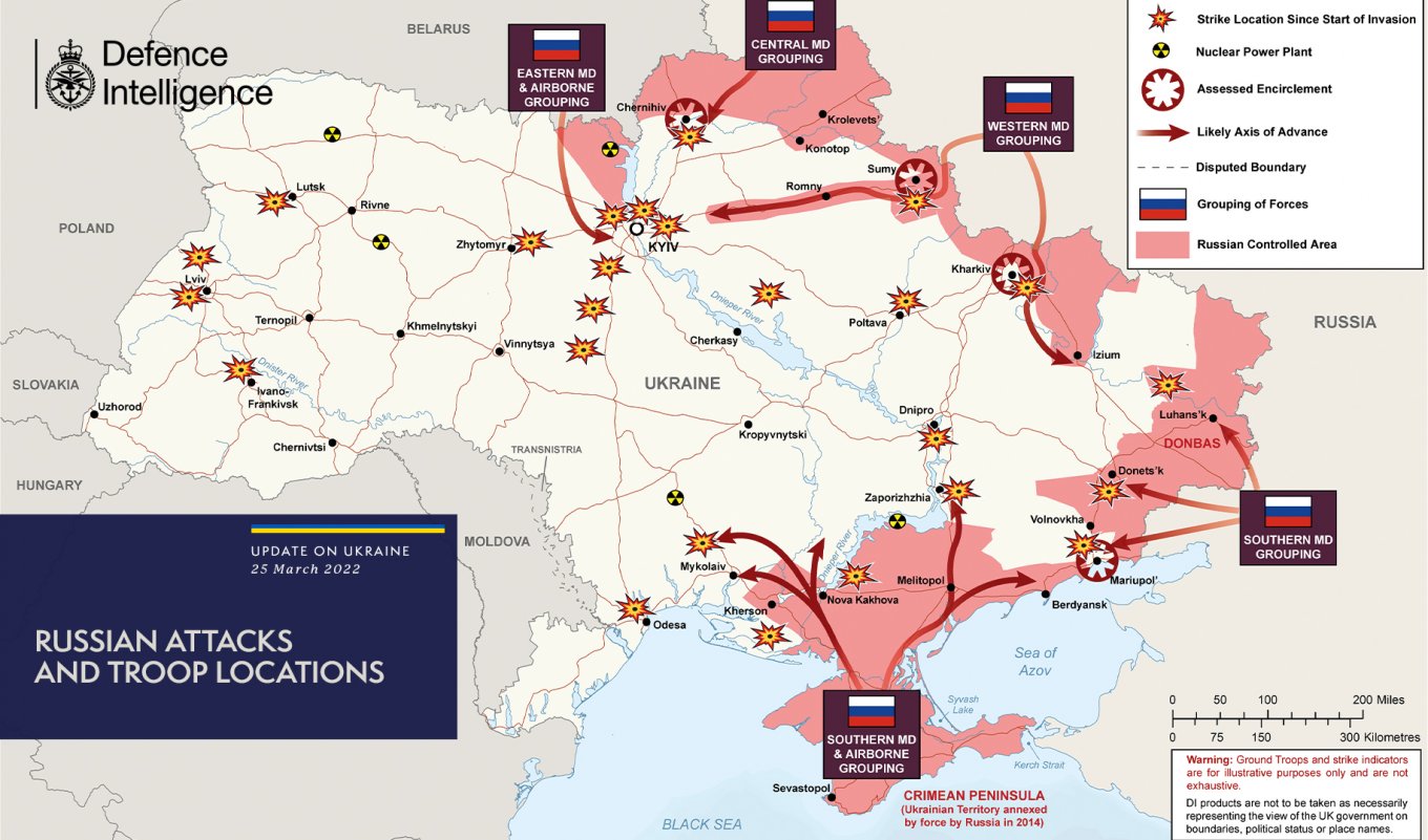 Defense Express / UK Intelligence has released a map representing the latest updates on the warfare in Ukraine as of March 25, 2022 / Day 30th of Ukraine's Defense Against Russian Invasion (Live Updates)