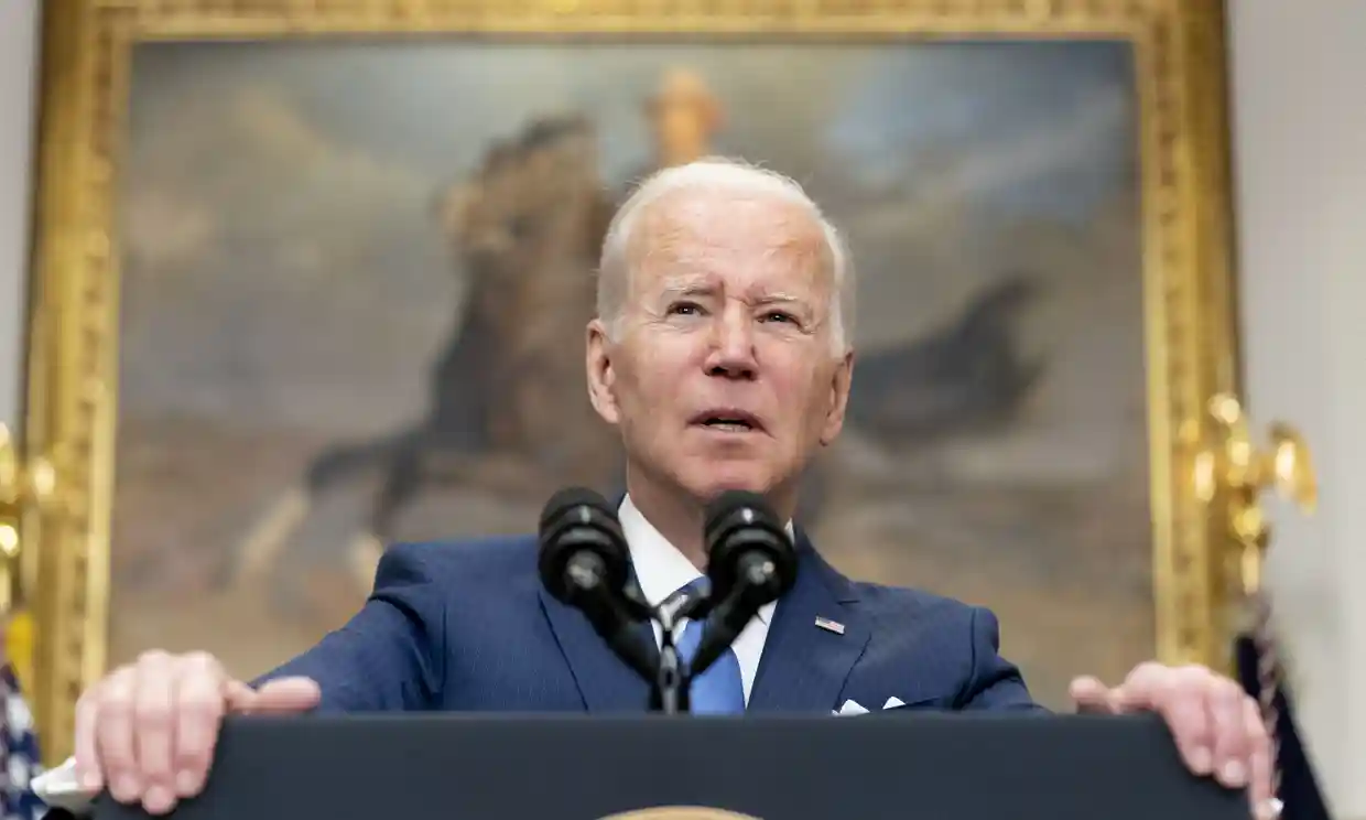 President Joe Biden speaks about the war in Ukraine in the Roosevelt Room at the White House