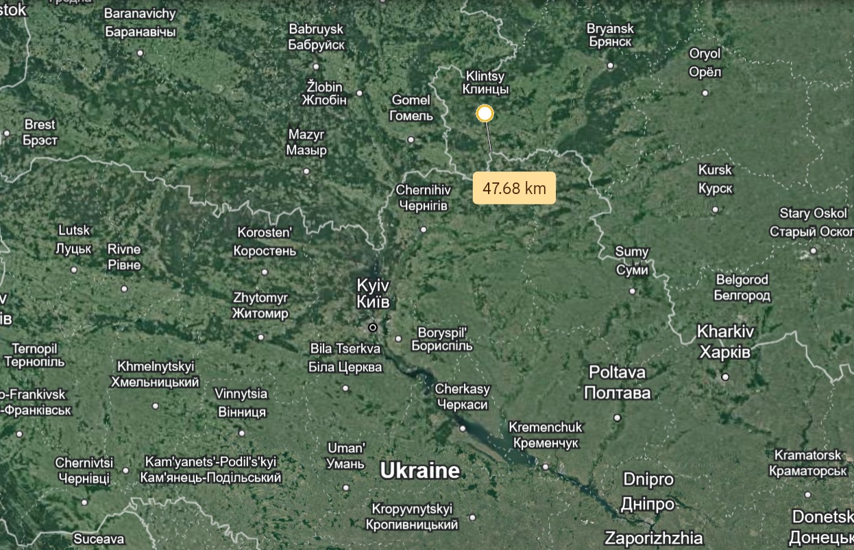 Distance from Klintsy to the Ukrainian border