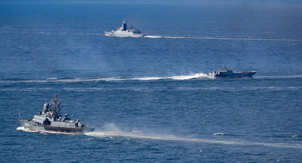 Russia Deploys 11 Warships for Baltic Navy Drills After Europe Starts Seizing “Shadow Fleet” Tankers, Baltic Fleet warships of the Russian Navy during drills in April 2025