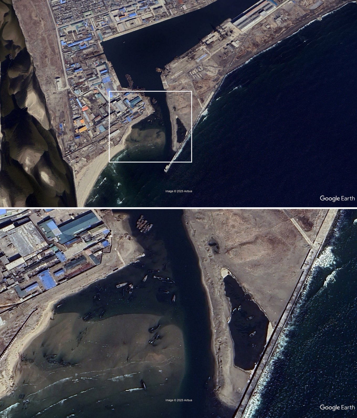 Satellite image of the harbor entrance dated March 2024 / Defense Express / While Salvaging Its Destroyer, North Korea Discovered a New Serious Problem