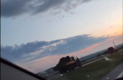 Truck with an S-60 anti-aircraft gun in a column moving, presumably, toward Rostov-on-Don, on the morning of June 24, 2023
