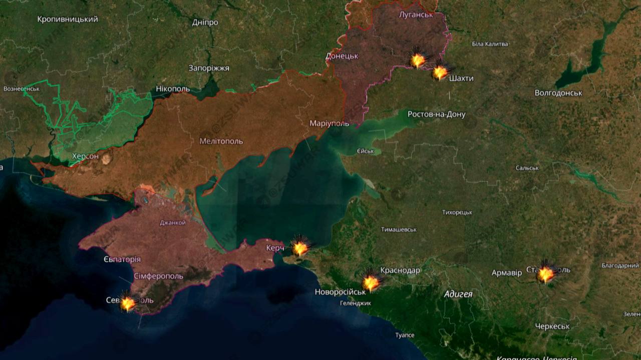 Map of the approximate locations of the incidents at oil storage facilities in russia and russia-occupied territoreis in Ukraine